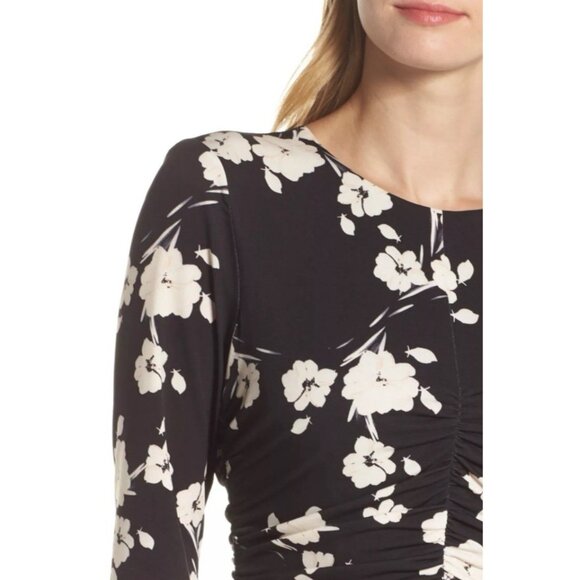 Maggy London Midi Dress 14 Black Pink Ivory Floral Ruched 3/4 Long Sleeve NEW - Picture 4 of 16